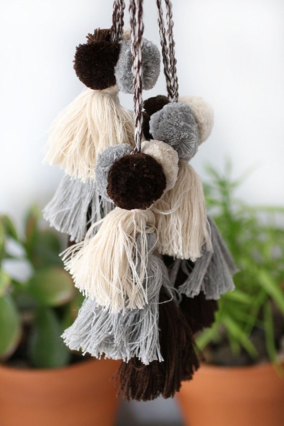 Beige gray pom pom tassel, purse charm, gray brown pom poms tassel bag charm, keychain pom poms, knob decorative pom poms, tassel swags