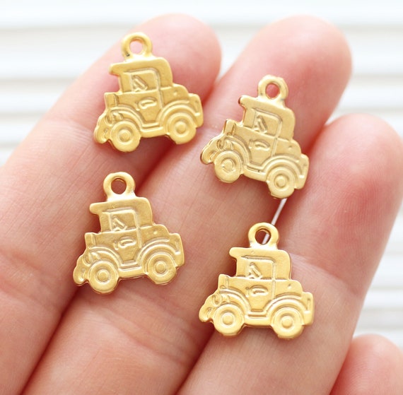 5pc old car charms gold, keychain charm, zipper charm, matte gold, necklace, bracelet charms, vintage car charms, kids jewelry charms