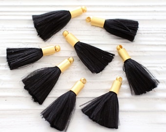 2pc mini black tassel, earrings tassels, mini tassels, mini tassel pendant, gold cap tassel, black tassel, short necklace tassel, black, N8