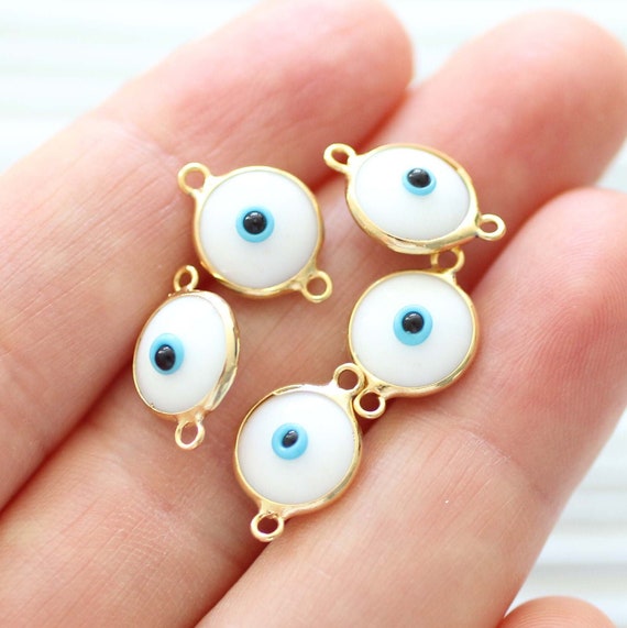 4pc white evil eye connector charm, good luck charms, evil eye beads, bracelet charms, glass evil eye pendant, gold bezel evil eye connector