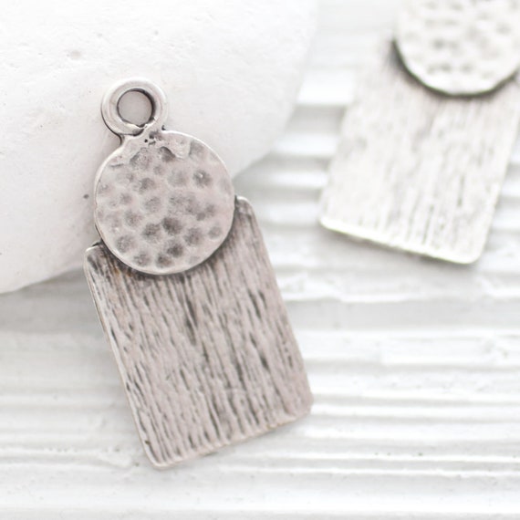 Hammered pendant silver, just dangles, rectangular pendant with circle, hammered silver metal findings, necklace dangle, earrings drop charm