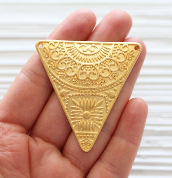 Triangle pendant gold, tribal pendant, medallion gold, large pendant gold, triangle findings, pendant, rustic pendant, textured, connector