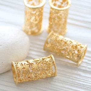 Gold filigree tube pendant, unique filigree findings, gold rondelle pendant, large tube bead, gold tube charm, focal flower barrel pendant image 4