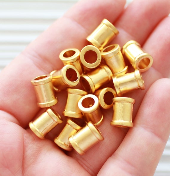 10pc tube beads, gold rondelle beads, large hole beads, bracelet beads, rondelle, barrel beads, bead spacers, cylinder necklace beads