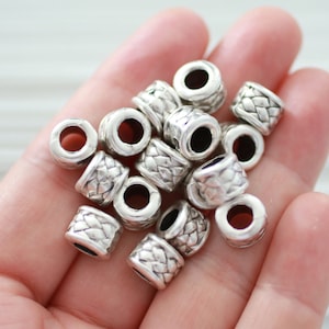10pc barrel beads silver, rondelle beads, large silver metal beads, heishi beads, metal spacer beads, large hole beads, bracelet beads