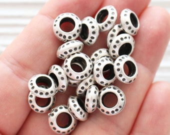 10pc silver rondelle beads, heishi beads, necklace beads, bracelet beads, metal spacer beads, slider beads, large hole beads, tube beads