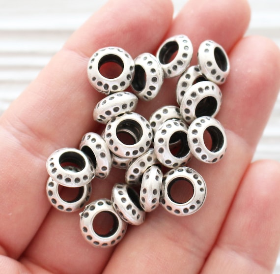 10pc silver rondelle beads, heishi beads, necklace beads, bracelet beads, metal spacer beads, slider beads, large hole beads, tube beads