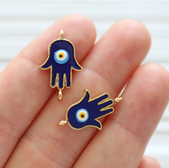 2pc Hamsa charm with evil eye, Hamsa connector, enamel evil eye charm, hand of Fatima, Hamsa charms, dangle, Hamsa pendant connector, M