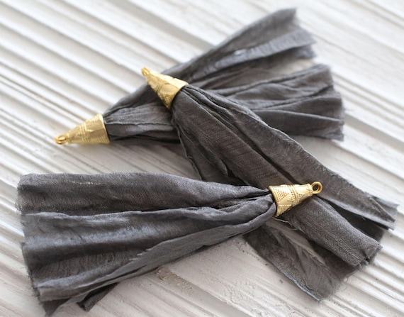 Gray silk tassel, sari silk long tassel, grey sari silk, gold cap sari silk tassel, gray sari silk, smoke, decorative, necklace tassel, N24