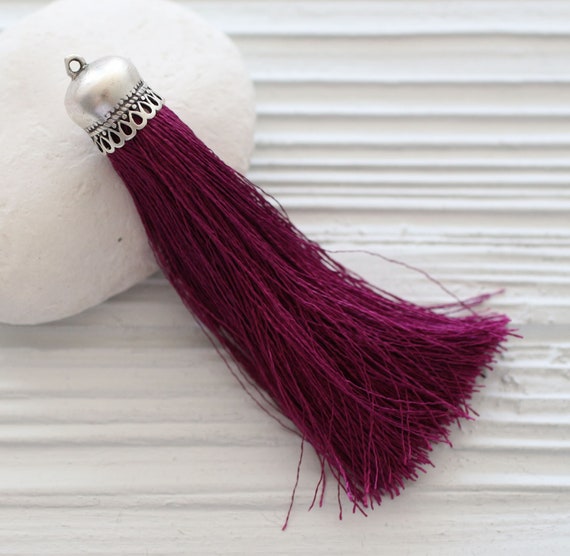 Plum fuchsia silk tassel, magenta, silver cap large tassels, silk tassel, jewelry tassels, purple tassel, necklace tassel, purse tassel, N21