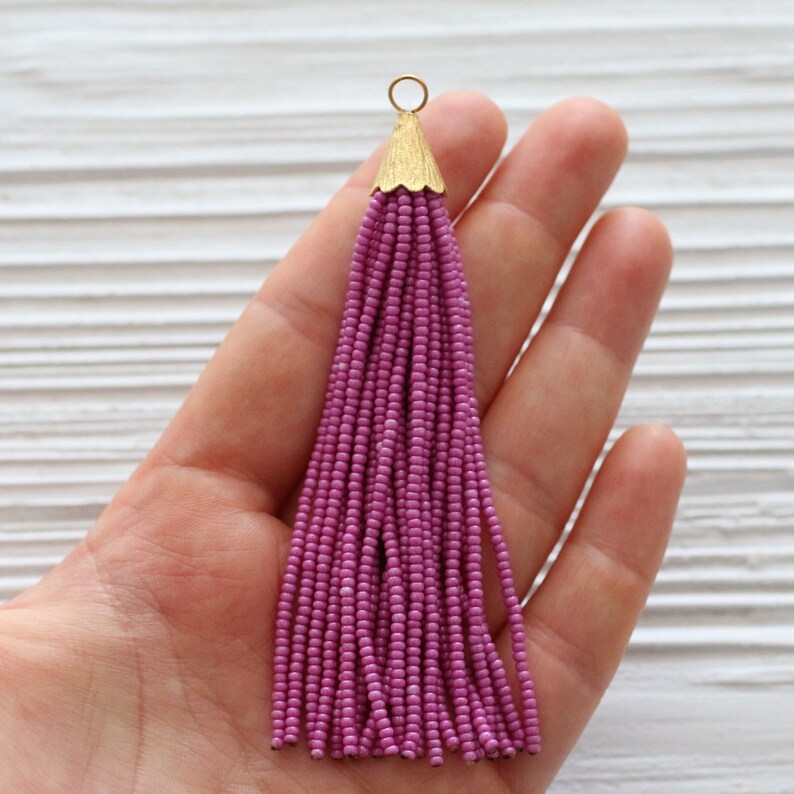 fuchsia decorative long bead tassel plum tassel necklace tassel pendant glittery N25 Magenta beaded tassel gold cap tassel