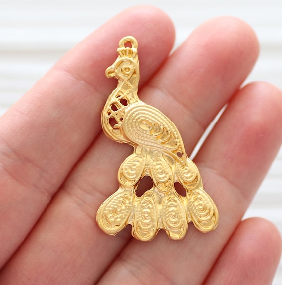 Peacock pendant gold, earrings charm, animal pendant, gold bird pendant, rustic findings, filigree findings, filigree pendant, bird charm