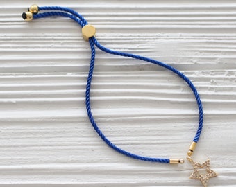 Adjustable cobalt blue cord bracelet, DIY string bracelet blank, semi-ready bracelet with gold sliding stopper, blue friendship bracelet,N16