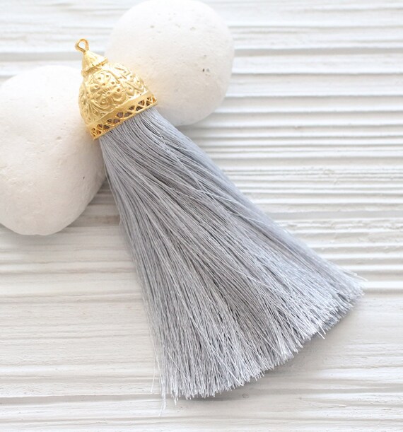 Extra large light gray silk tassel with rustic gold tassel cap, thick silk tassel, gold cap tassel, grey, DIY, necklace tassel pendant, N12