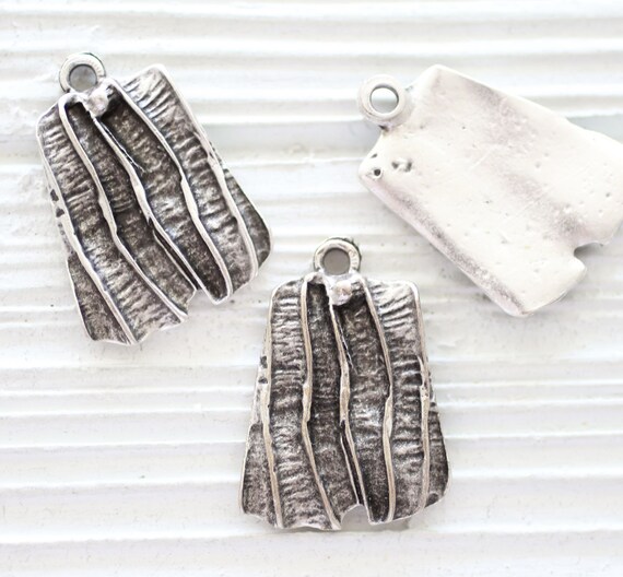 2pc rustic pendant silver, earrings charms, drop charms silver, large charms, rectangular striped pendant, hammered metal, textured findings