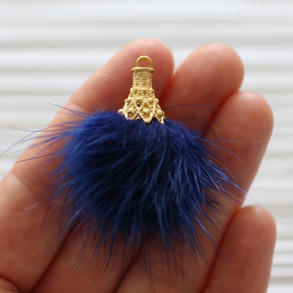 Navy blue faux fur pom pom tassel, keychain tassel, navy pompom earrings tassel, jewelry pom pom with gold cap, purse tassel charm, N17