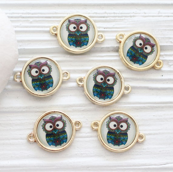 2pc owl charm connector, animal findings, earrings pendant charm, glass round connector, bracelet connector, necklace, bracelet connector