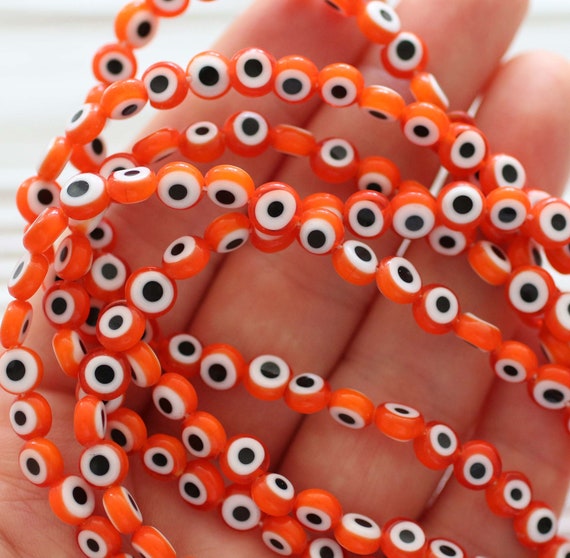 15", 65pc, 6mm orange evil eye beads, lucky evil eye bracelet beads, orange flat glass beads, necklace beads, round evil eye beads, DIY, EE6