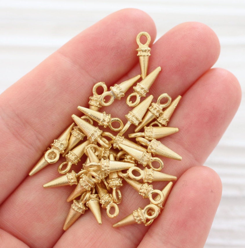 10pc gold spike beads, dagger charms, earring charms, spikes, gold metal  charms, gold beads, bracelet charms, tiny beads, rustic, dagger