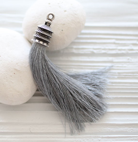 Silk gray tassel, purse tassel, jewelry tassel charm, silver cap, grey, mala tassel, necklace tassel, silk tassel,tassel pendant, N37