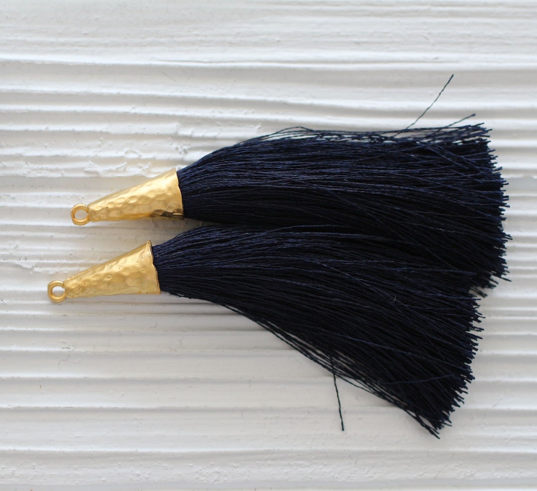 Navy Tassel, Gold Cap Navy Silk Tassel, Large Tassels, Tassel Pendant