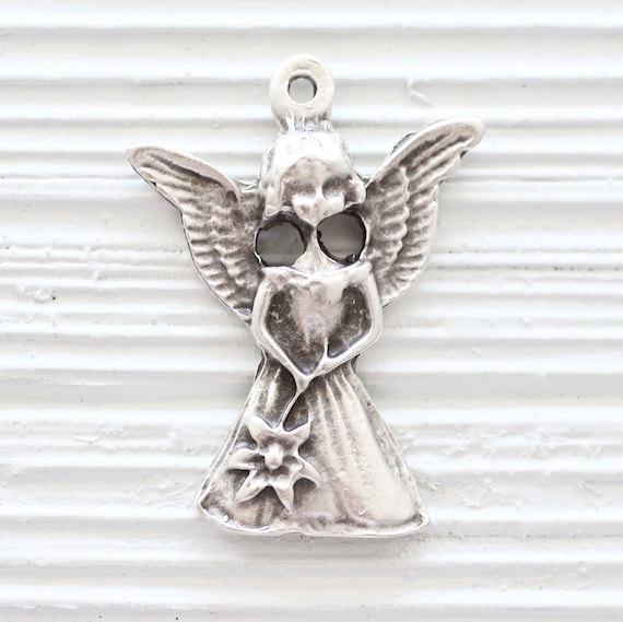 Angel pendant silver, cute angel charm with wings and flower, angel, large silver angel pendant dangle, silver pendant, silver angel