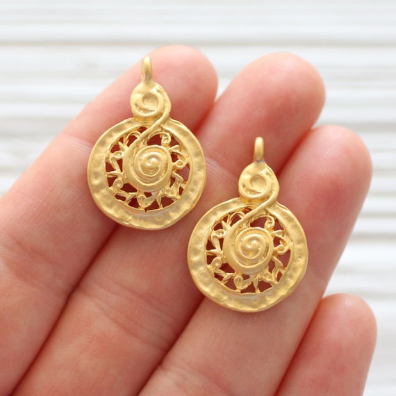 2pc spiral charm pendant, earrings dangle gold, tribal, earring charms, gold round charms, filigree pendant charms, dangle pendant