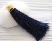 Navy blue silk tassel with gold cap, tassel, long tassel pendant, large navy tassel, jewelry tassels, mala tassel, navy necklace tassel, N17