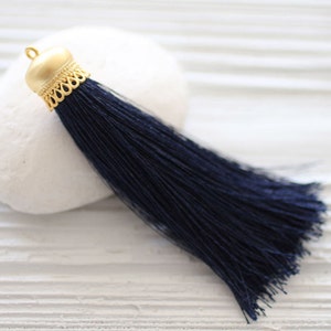 Navy blue silk tassel with gold cap, tassel, long tassel pendant, large navy tassel, jewelry tassels, mala tassel, navy necklace tassel, N17