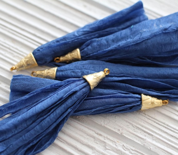 Large cobalt blue sari silk tassel, long sari silk tassel, sari silk, gold cap sari silk tassel, blue silk tassel, blue necklace tassel, N16