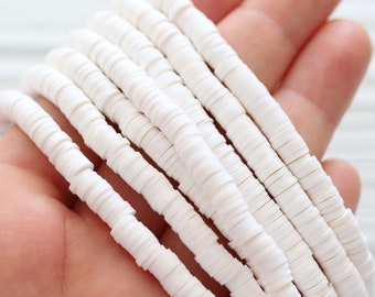 White Heishi Beads, 5mm, 16", 2 Polymer Clay Disc Strands for Jewelry Making, Vinly