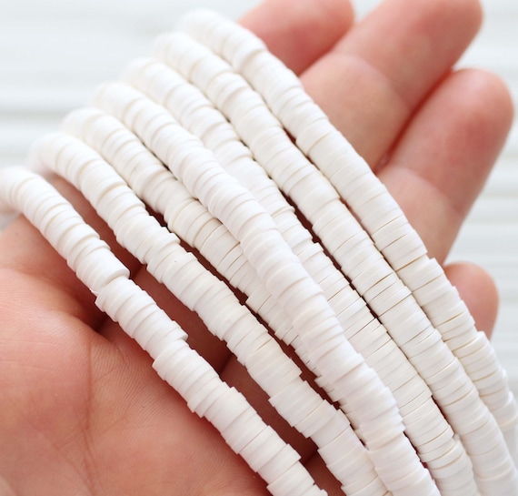 White Heishi Beads, 5mm, 16", 2 Polymer Clay Disc Strands for Jewelry Making, Vinly