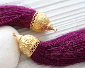 Extra large plum purple silk tassel with rustic gold tassel cap, gold cap silk tassel, magenta, orchid, tassel pendant,large mala tassel,N21