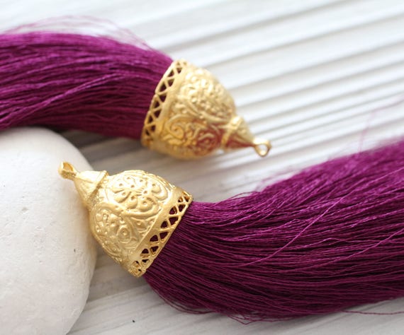 Extra large plum purple silk tassel with rustic gold tassel cap, gold cap silk tassel, magenta, orchid, tassel pendant,large mala tassel,N21