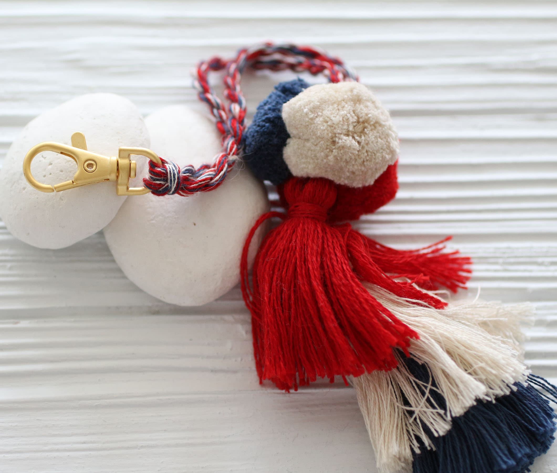 Navy pom pom tassel, purse charm, blue beige brown pom poms tassel