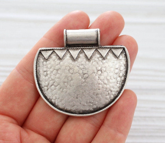 Large tribal pendant, antique silver pendant, rustic pendant, large hole pendant, large hammered metal pendant, unique medallion pendant