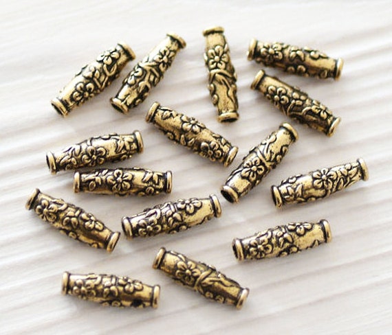 4pc antique gold tube beads, barrel beads, tribal beads, metal beads, large hole beads, gold beads, TierraCast, gold spacers, bracelet beads