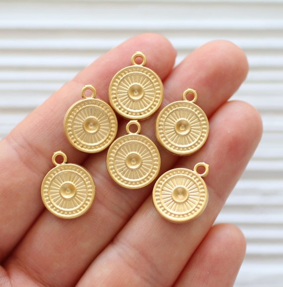 10pc matte gold earring charms, spiral charm, bracelet charms, gold charms, round charm, dangle pendant, tribal charms, metal charms beads