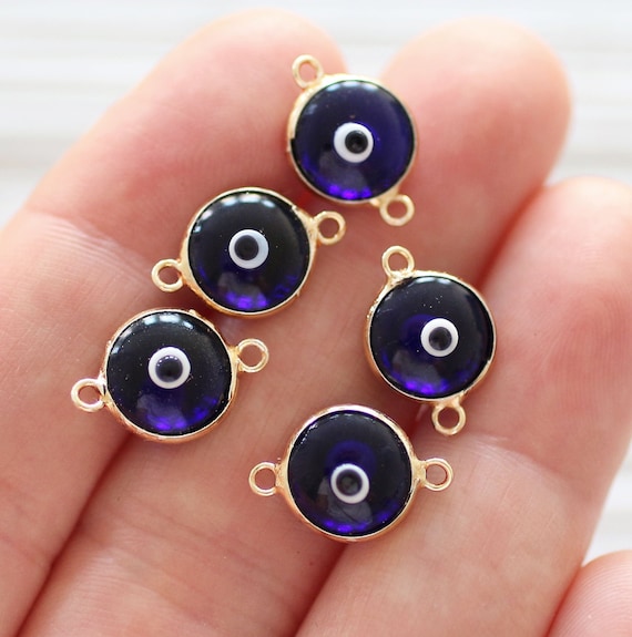 5pc navy evil eye connector charm, good luck charms, evil eye beads, bracelet charms, glass evil eye pendant, gold bezel evil eye connector