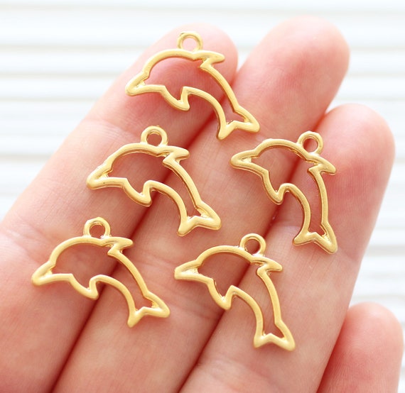 10pc dolphin charms gold, dolphin pendant, animal charms, sea charms, earring charms, bracelet charms, gold charms, large necklace charms