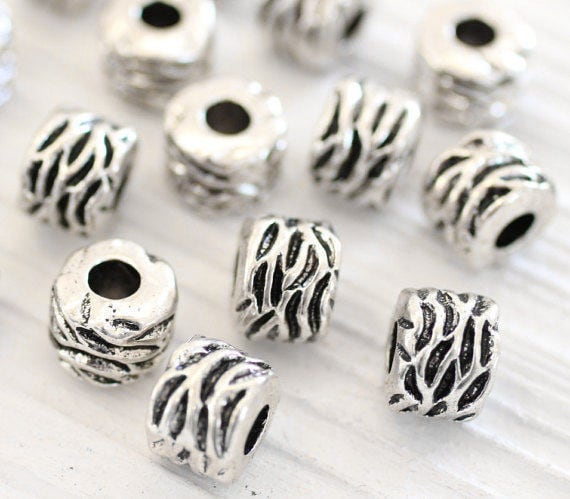 5pc large silver barrel beads, tribal rustic beads, large hole beads, silver spacers, bracelet beads, hammered beads, rondelle, bead spacers