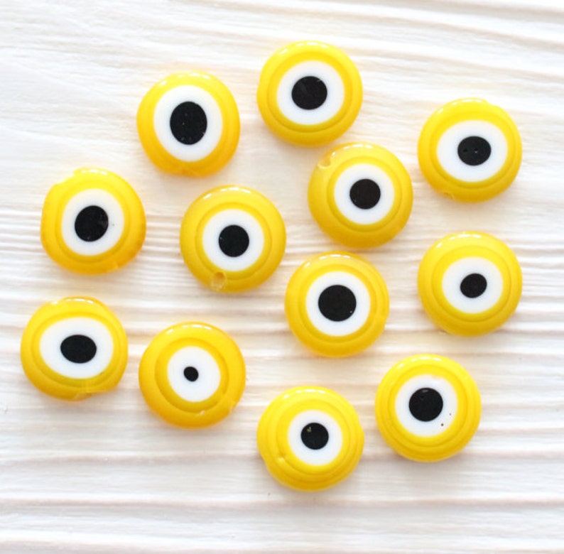 15, 30pc, 12mm yellow evil eye, round glass beads, lamp work, evil eye beads, DIY beads, flat glass beads, good luck beads, EE12 image 1