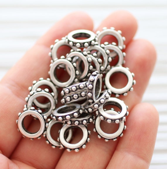 10pc rondelle beads silver, large round circle beads, rondelle spacers, slider beads, rustic beads, large hole beads, bead spacers silver, M