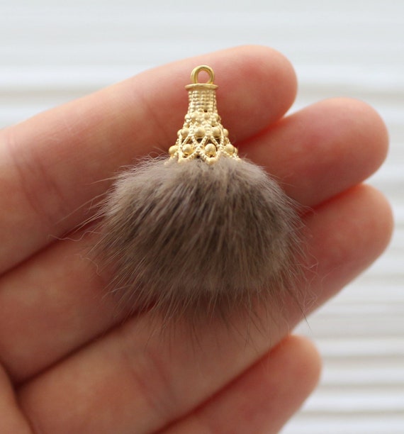 Brown faux fur pom pom tassel, pompom keychain tassel, pom pom, beige melange pom pom earrings tassel,jewelry pom pom w gold cap,dangles,N38