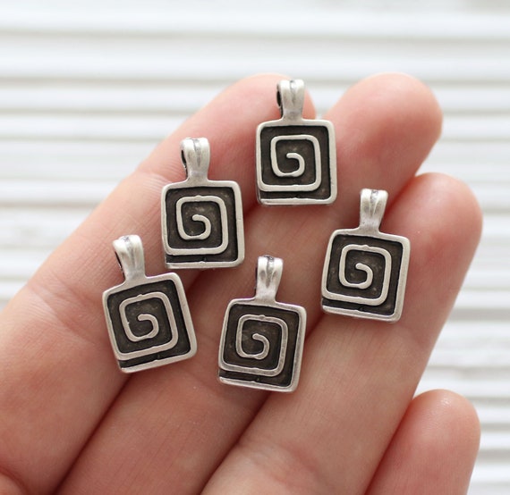 10pc square charms, spiral charms pendant, silver dangles, silver charms, earrings dangle, silver tribal pendant, rustic, boho, large hole