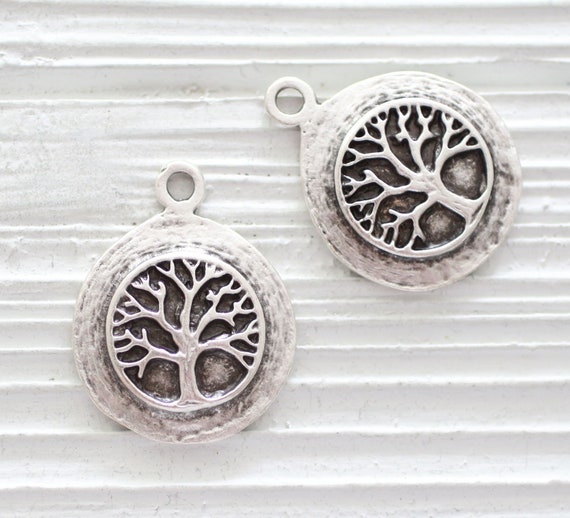 2pc silver earring charms with tree, filigree findings, antique silver focal pendant, rustic earring drop findings, round tree pendant