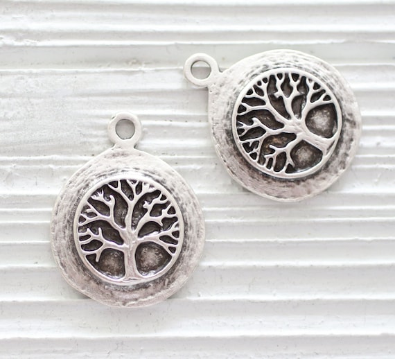 2pc silver earring charms with tree, filigree findings, antique silver focal pendant, rustic earring drop findings, round tree pendant