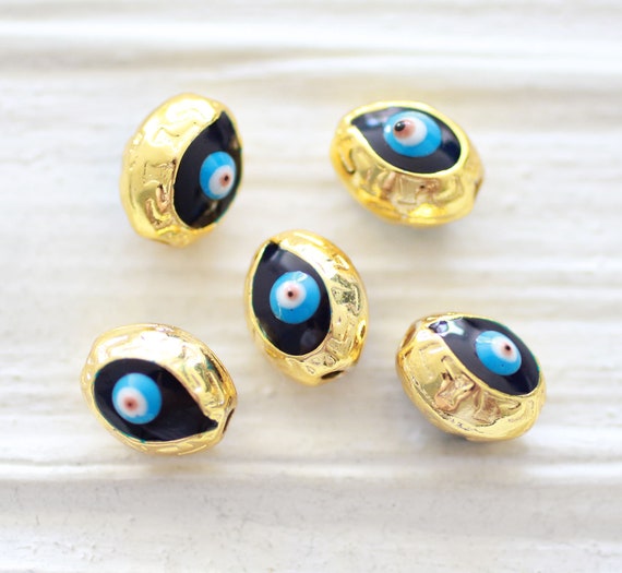 5pc evil eye beads, spacer beads, metal, gold bead spacers, DIY earrings  beads, rainbow lucky beads, necklace beads, bracelet slider beads