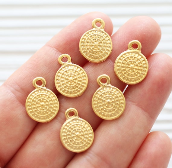 10pc large tribal charms gold, round disc pendant, bracelet charm, earrings dangle, gold metal beads charms, large hole gold beads, hammered