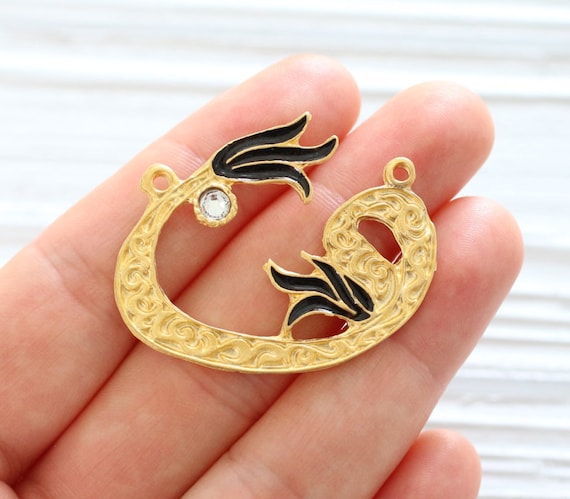 Gold flower crescent pendant, black enamel, crescent connector, crescent moon, gold crescent pendant, gold connector, gold tulip, crescent